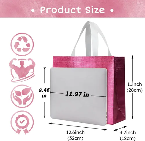 Miniatura 3 de cabzymx 16 bolsas de regalo reutilizables rosadas, bolsa de regalo de vacaciones con diseño metálico brillante con asas y bases, bolsa de regalos