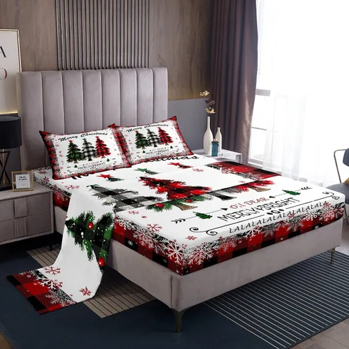 Miniatura 27 de Manfei juego de sábanas de Navidad tamaño completo, juego de ropa de cama con árbol de Navidad en forma de muñeco de nieve para la decoración