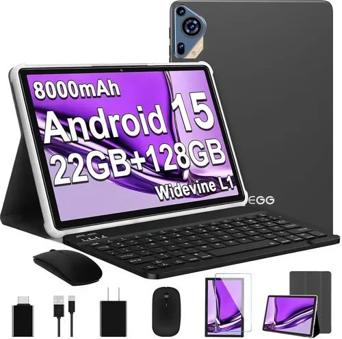 2025 Tableta Android 15 de 10.1 Pulgadas con Teclado y Ratón, Tabletas de Ocho Núcleos con Expansión de 22GB+128GB+1TB, Batería Grande de 8000mAh,