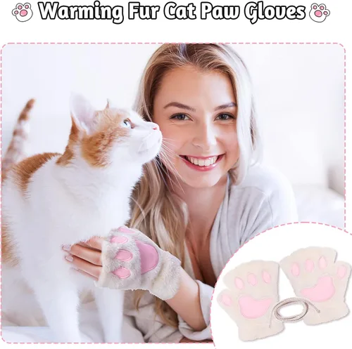 Miniatura 6 de SATINIOR 4 pares de guantes de pata de gato, guantes sin dedos, guantes de media pata de dedo, guantes de felpa de invierno para niños y adultos
