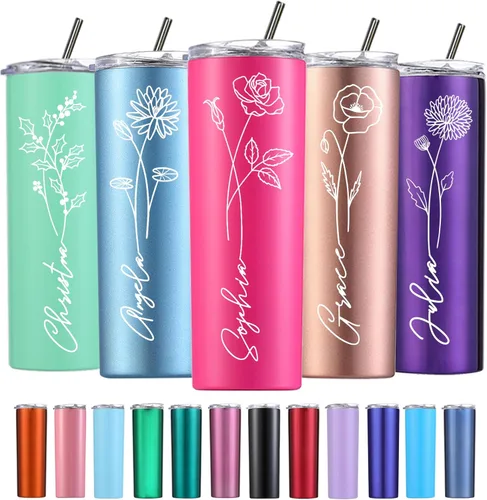 Regalos personalizados para mujeres Vaso personalizado Tazas personalizadas Grabado con flor de nacimiento 20 oz Vaso personalizado con nombre