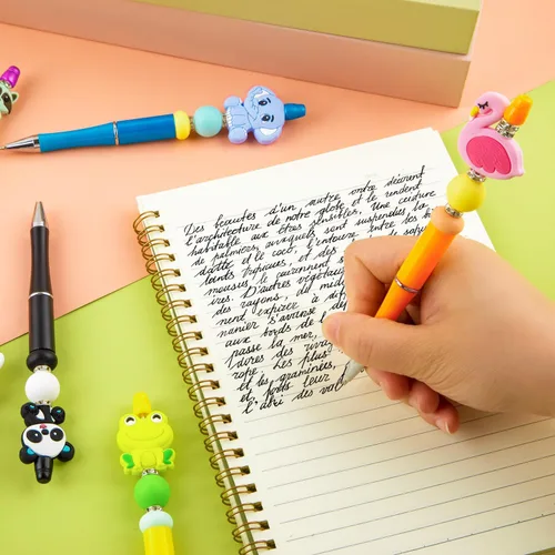 Miniatura 4 de 12 piezas de bolígrafos de plástico con cuentas, bolígrafos con cuentas de silicona de animales, cuentas espaciadoras de cristal, bolígrafos de bola