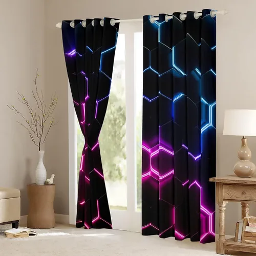 Miniatura 66 de Feelyou - Cortinas de ventana en forma de panal, tema geométrico hexagonal con luces de neón verdes, para chicos adolescentes y hombres, elegante