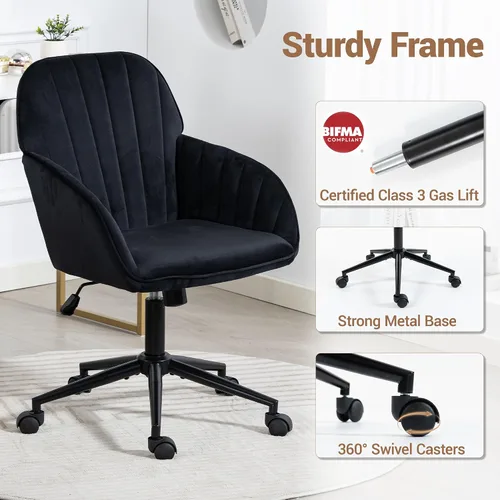 Miniatura 6 de Silla de Oficina para Hogar, Silla Moderna de Maquillaje de Terciopelo con Base Dorada y Ruedas, Silla de Escritorio Giratoria con Altura Ajustable
