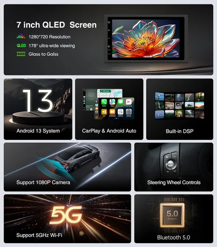 Miniatura 2 de Estéreo de coche de doble DIN de 7 pulgadas con CarPlay inalámbrico y Android Auto/Android 13.0 / 240 W Salidas, 4.1 -Canal/QLED Pantalla Upgrade/AM