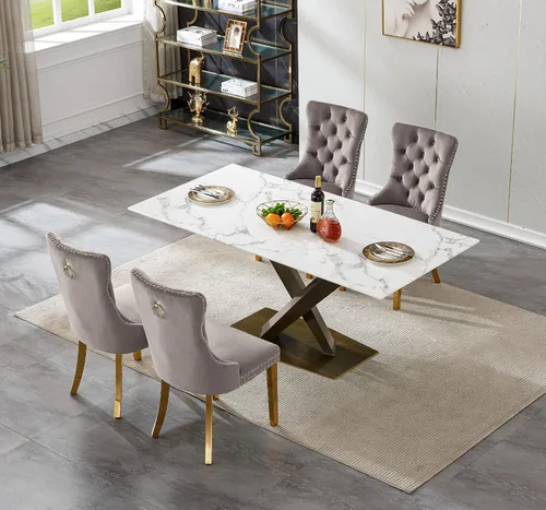 Miniatura 2 de Juego de mesa de comedor de mármol blanco de lujo para 4, 70 pulgadas, mesa de comedor de mármol blanco con 4 sillas de terciopelo gris y base