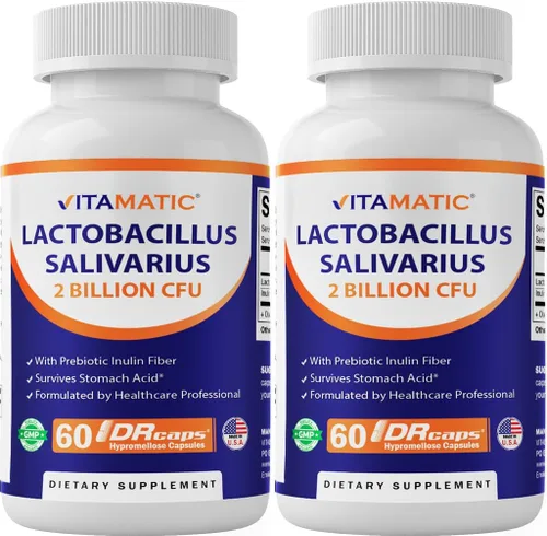 Vitamatic Lactobacillus Salivarius 2 mil millones por cápsula DR - 60 unidades - Soporte digestivo - Fabricado con fibra de inulina prebiótica (2