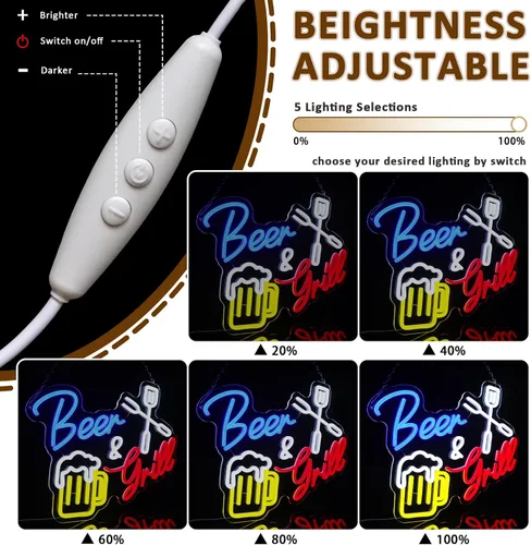 Miniatura 3 de Letrero de neón de cerveza y parrilla para decoración de pared, letreros LED para barbacoa, regulables por USB, 15.75 x 11.97 pulgadas, luces