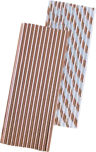 Pajitas de papel de aluminio sólido y a rayas, color oro rosa, 7.75 pulgadas, paquete de 50 unidades, marca Outside the Box Papers