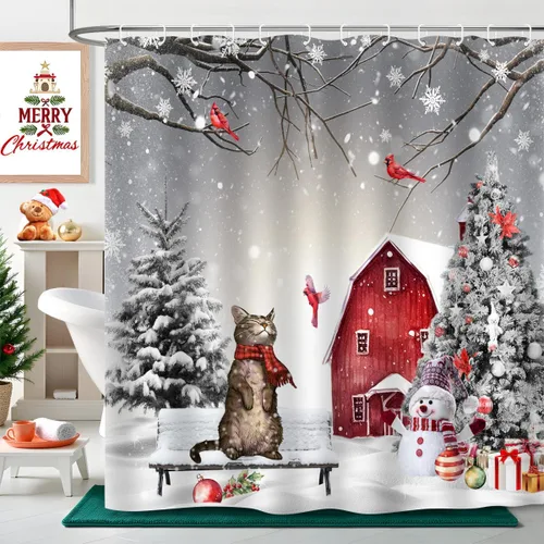 Cortina de ducha con diseño de gato de Navidad, árbol de pino, cardenal, pájaro, muñeco de nieve, cabaña, copo de nieve, escena de vacaciones,