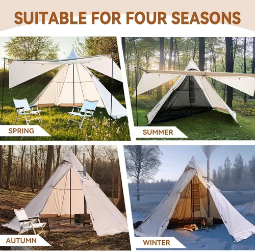 Miniatura 7 de Hot Tent with Stove Jack, 4 Season 3-4 Person Tipi Tent for Camping, 8.2ft Standing Room with Snow Skirt, Cold Weather Shelter for Family Fishing