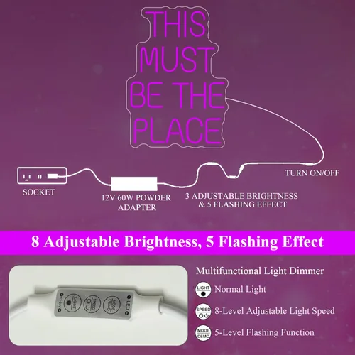 Miniatura 5 de Letrero de neón con luz LED con texto en inglés «This Must Be The Place», decoración de pared para bodas, aniversarios, fiestas, dormitorio (morado)