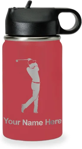 Miniatura 27 de LaserGram Botella de agua personalizada, golfista de golf, acero inoxidable de doble pared aislada al vacío con popote superior, regalo grabado Negro