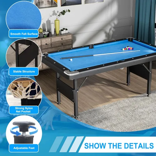 Miniatura 4 de Mesa de billar 3 en 1, mesa de billar plegable de 65.75 pulgadas con mesa de ping pong y parte superior de comedor, mesa de juego múltiple incluye