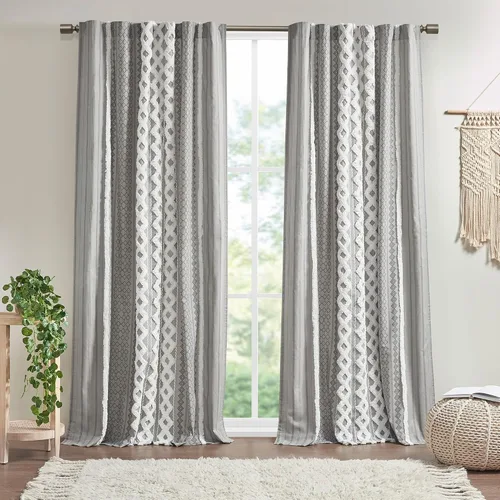 Miniatura 15 de INK+IVY Cortinas Boho para Dormitorio PANEL ÚNICO Cortinas de Ventana para Sala de Estar, 100% Algodón con Rayas de Chenilla Copetuda Estilo Granja