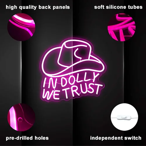 Miniatura 4 de Letrero LED de neón con texto en inglés "In Dolly We Trust", con sombrero de vaquera rosa, arte de pared del oeste de estilo retro campestre