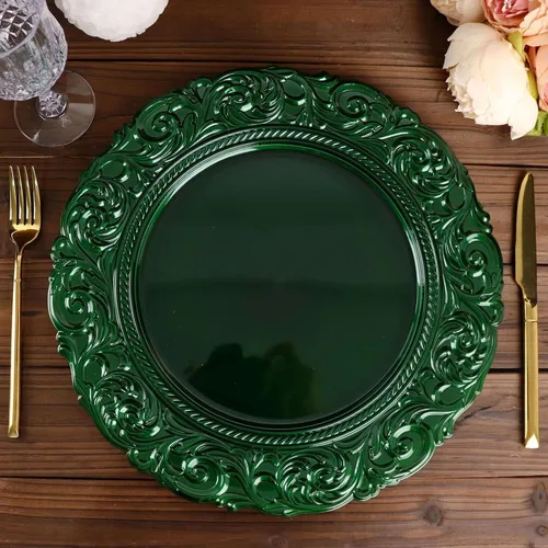 Miniatura 15 de Efavormart juego de 6 platos de plástico redondos de 35.56 cm, negro/dorado con diseño barroco grabado en el borde para eventos de boda y fiesta