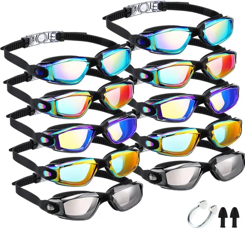 Miniatura 11 de Konohan Paquete de 10 gafas de natación a granel para niños y adultos, gafas de piscina antivaho de silicona sin fugas, gafas de natación
