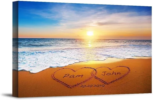Corazón y corazón en hermoso amanecer fotos personalizadas únicas o impresiones en lienzo con nombres de pareja y fecha especial en la playa, regalo