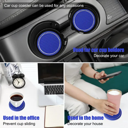 Miniatura 7 de OUZORP Paquete de 2 posavasos azules para automóvil con botón de arranque y anillo brillante, 1 paquete Posavasos antideslizantes para portavasos