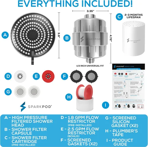 Miniatura 6 de SparkPod Cabezal de ducha filtrado de 23 etapas con 3 ajustes de pulverización, cabezal de ducha de alta presión con filtros para cabello y piel
