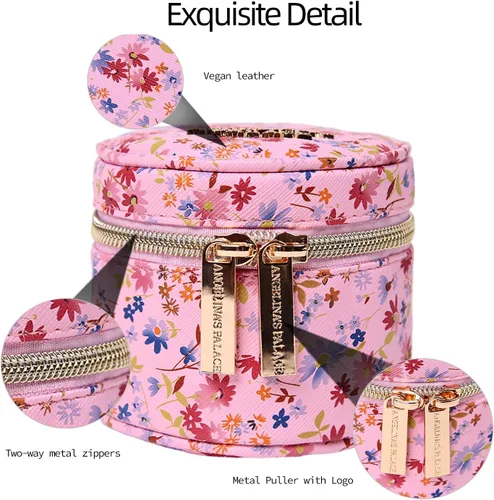 Miniatura 2 de Angelina's Palace Organizador redondo de joyas, bolsa de viaje, regalos de dama de honor, caja de cuero vegano para collar, aretes, pulsera, anillo