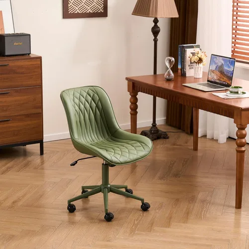 Miniatura 2 de YOUNIKE Silla de oficina ergonómica de piel sintética verde oliva, sin brazos, cómoda silla de escritorio con respaldo mecedor, bonita silla