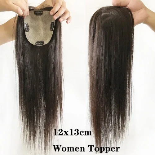 Miniatura 2 de Parte superior de cabello humano con base de seda larga con clip de 5 x 5 pulgadas, extensiones de cabello lacio virgen 100% real, 4.7 x 5.1 in