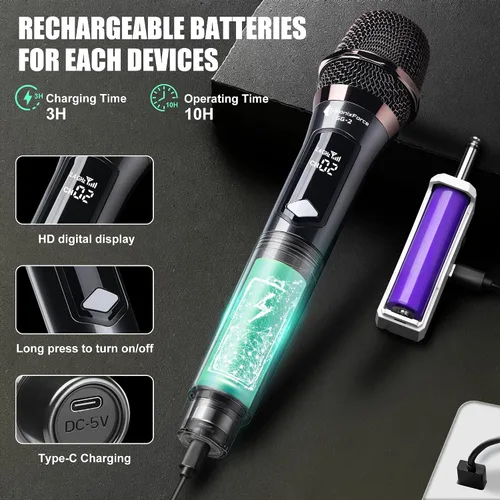 Miniatura 5 de Micrófonos inalámbricos - Micrófono de karaoke para cantar - Micrófono inalámbrico recargable con receptor de doble canal - Rango de 240 pies