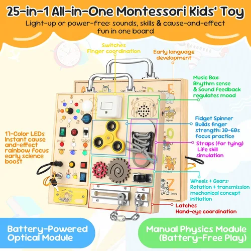 Miniatura 6 de Tabla Ocupada de Madera con Luz LED – Juguetes de Aprendizaje Montessori para Bebés de 1 a 4 años, Tabla de Actividades Sensoriales, Juguetes