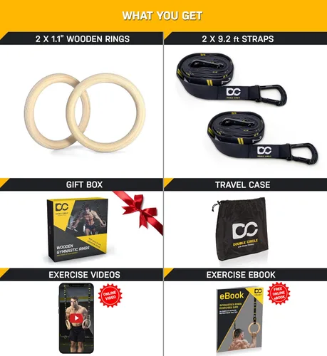 Miniatura 6 de Anillos de gimnasia de madera Double Circle con correas numeradas de ajuste rápido y guía de videos de ejercicios - Anillos de entrenamiento