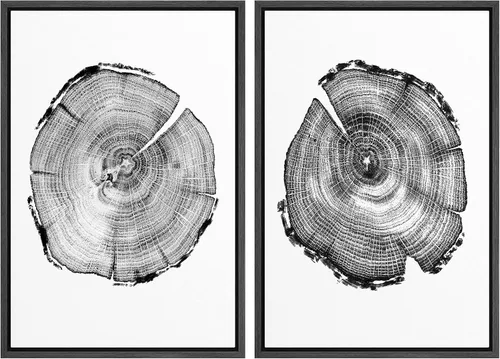 Miniatura 121 de SIGNWIN Lienzo enmarcado para pared, juego de arte con anillos de árbol de bosque grunge en blanco y negro, ilustraciones de naturaleza silvestre