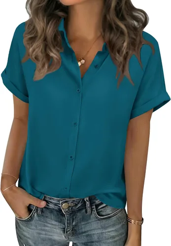 Miniatura 8 de Zeagoo Blusas de verano de manga corta para mujer, camisas casuales con botones, blusas de trabajo de negocios sólidas/a rayas