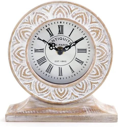 NIKKY HOME Reloj de mesa de madera tallada a mano, con estantes, funciona con pilas, diseño bohemio, decoración vintage del hogar para chimenea,