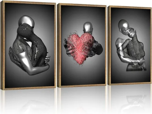 Miniatura 15 de 3 piezas enmarcadas de arte de pared 3D de corazón de amor, escultura de metal, romántica pareja, impresiones de arte abstracto, pósteres