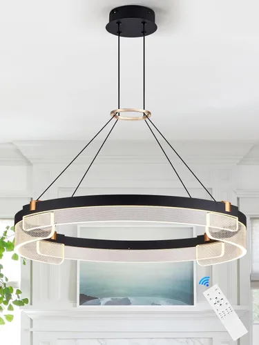 Miniatura 10 de Benkut Lámpara colgante LED moderna D24 pulgadas, color negro dorado, lámpara LED circular regulable, 1 anillo con control remoto, luz colgante
