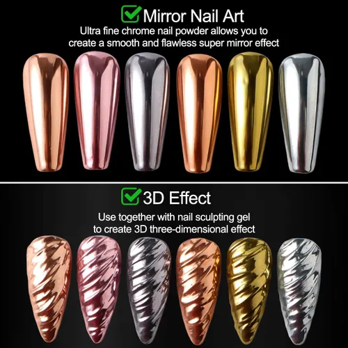 Miniatura 4 de Kit de polvo de uñas cromado de 6 colores, polvo cromado negro dorado rosa para uñas, pigmento de efecto espejo mágico, polvo metálico de frotación