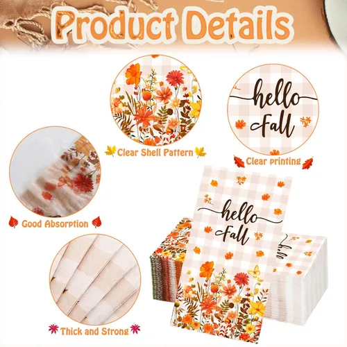 Miniatura 5 de Crtiin 200 servilletas de otoño para invitados de Acción de Gracias, papel desechable de hojas de arce otoñales, toallas de mano florales para cena