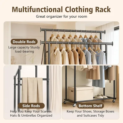 Miniatura 2 de Perchero de ropa con ruedas para colgar ropa, perchero resistente para ropa portátil, estante de metal para dormitorio, lavandería, sala de estar
