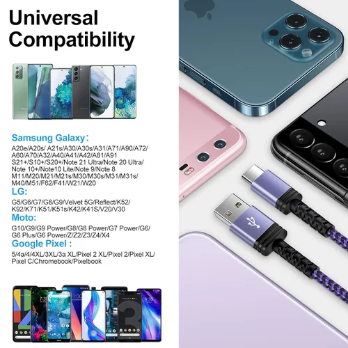 Miniatura 5 de Cable USB tipo C de 3 pies, paquete de 2 cables de carga rápida Android USB C, cable de teléfono para Samsung Galaxy S26/S25/S24/S23/S22/A54/A23/S21