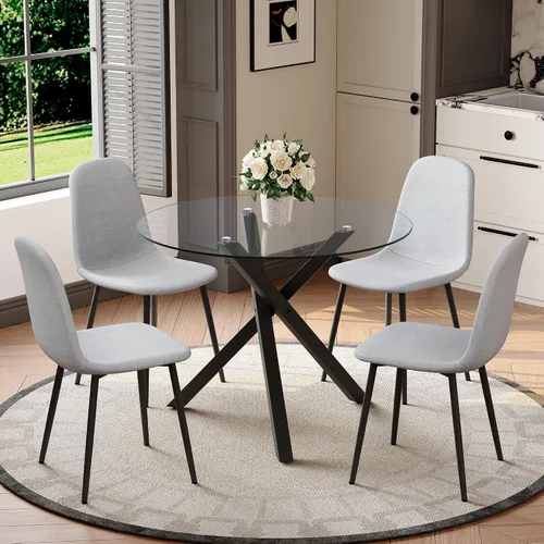 Miniatura 51 de Juego de mesa de comedor redonda para 6, juego de mesa de comedor de vidrio de 39 pulgadas con base de metal ajustable dorada en forma de X y 6