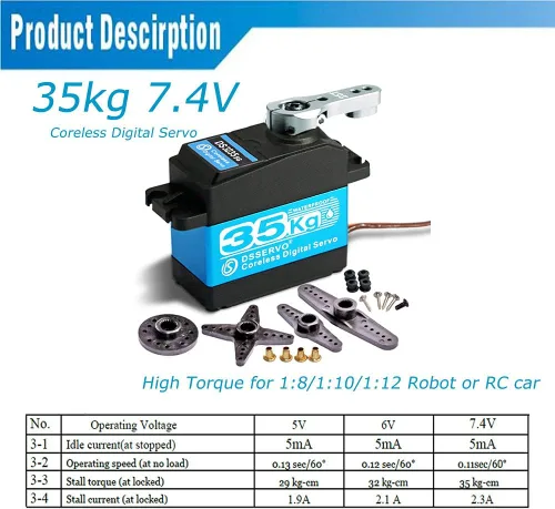 Miniatura 3 de 35 kg Servo Motor Digital Sin Núcleo 7.4V Alta Velocidad Alto Par Engranaje de Acero Inoxidable Impermeable Servos Estándar Baja 180 Grados