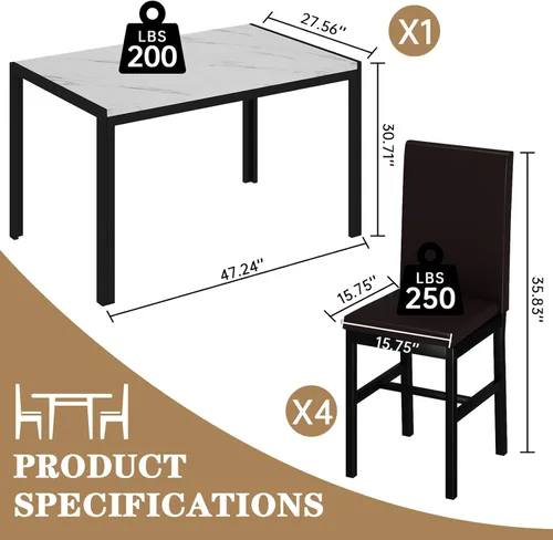 Miniatura 5 de Recaceik juego de mesa de comedor para 4, mesa de cocina y sillas, mesa de comedor de mármol sintético con 4 juegos de cuero PU para comedor