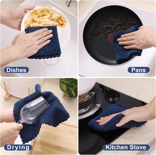 Miniatura 4 de Homaxy - Paquete de 12 trapos de cocina (10 x 10 pulgadas, azul marino), de terciopelo coral, supersuaves y absorbentes, de secado rápido, paño
