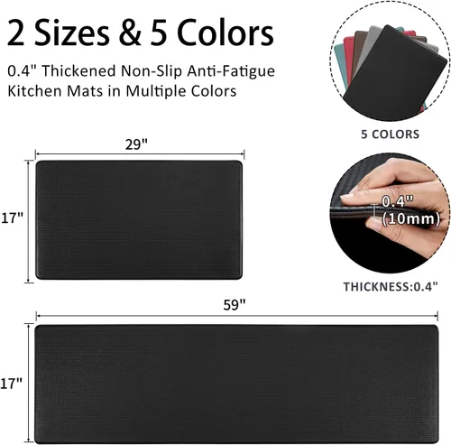 Miniatura 2 de Juego de 2 tapetes y tapetes de cocina, acolchados antifatiga, para suelo, lavables 17 x 29 pulgadas + 17 x 59 pulgadas, color negro