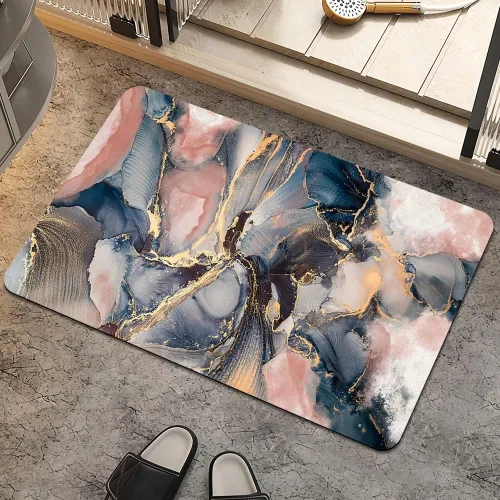 Miniatura 16 de Alfombra de baño, diseño abstracto de mármol azul y dorado, antideslizante, de secado rápido, súper absorbente, delgada, para debajo de la puerta