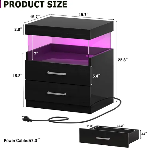 Miniatura 3 de WelFurGeer Mesita de noche de alto brillo, mesita de noche LED negra con estación de carga, mesita de noche con cajones, mesitas de noche modernas