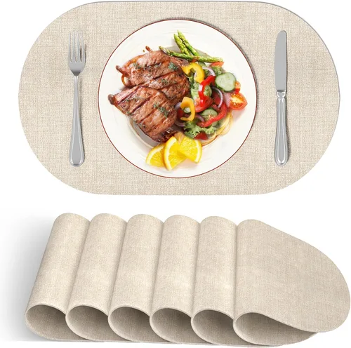 DOLOPL Juego de 6 manteles individuales ovalados de color beige para decoración de mesa de cocina, comedor, piel sintética, antideslizante,