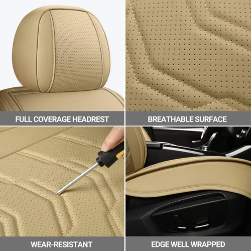 Miniatura 3 de AOOG Fundas de cuero para asiento de automóvil, ajuste universal para la mayoría de los sedanes, SUV, camiones (asiento delantero, beige)