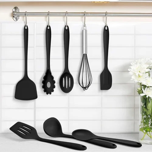 Miniatura 7 de TeamFar Juego de utensilios de cocina de silicona, 8 piezas, resistente al calor de 446 °F, espátula, cuchara, batidor, utensilios de cocina Negro